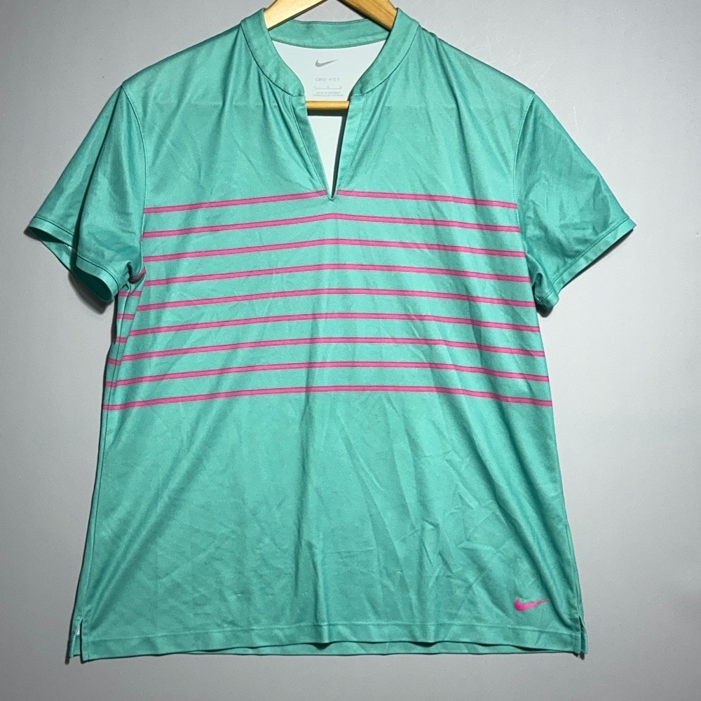 Nike Victory Striped Polo Shirt Womens Size Large Teal Pink Golf‎